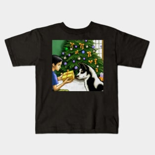 A Boy and His Dog Opening Christmas Present Kids T-Shirt